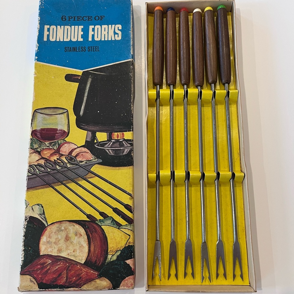 Vintage Hip 1960's Stainless Steel Fondue Forks - Wooden Handles - Colored Tops